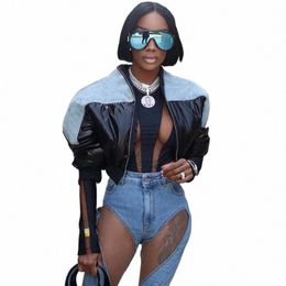 fi Women Black Shiny PU Leather Denim Puffer Jacket High Waist Bubble Coats Hiphop Lady Zipper Crop Puff Parkas Down Winter g3vE#