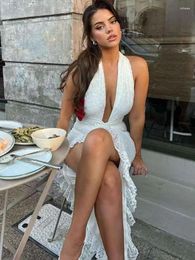 Casual Dresses NIDANSSI White Halter Ruffle Evening Party Dress Women 2024 Robes Elegant Sexy Bodycon Midi Long Summer Vestidos