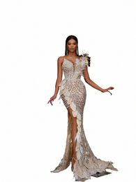 arabic Nude Mermaid 3D Leaf Design Evening Dres Sexy Sleevel Pearls Crystal Sequins Feathers Gala Party Gowns with Slit Q7Om#