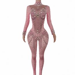 luxury Crystals Stretch Tight Pink Jumpsuits Nightclub Party Prom Ds Dance Leotard Showgirl Costumes Celebrate Birthday Wear P14k#