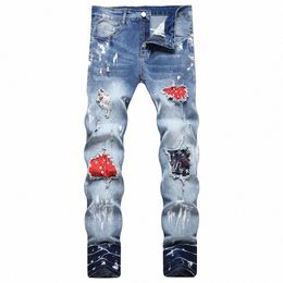 men Streetwear Denim Jeans Fr Chinese Drag Print Patches Pants Painted Holes Ripped Slim Tapered Stretch Trousers w69c#