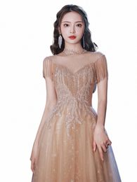 exquisite Women Evening Dres Light Luxury Beading Tassel Party Tulle Dr Illusi Female Formal Banquet Prom Gowns 27R3#