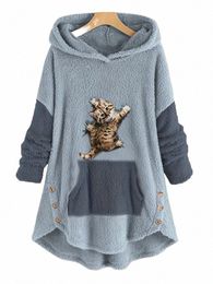 plus Size 2023 Fall & Winter New Women's Loose Hooded Sweater, Oversized Knitted Sweater with Pockets 3D Cat Pattern XL-5XL b0Es#