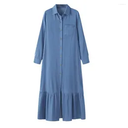 Casual Dresses Women Solid Color Dress Lapel Long Sleeve Elegant Denim Maxi With Ruffle Patchwork Flowy Hem Women's For Travel