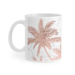 Mugs Tropical Simple Rose Gold Palm Trees White Marble Coffee Cup Milk Tea Mug 11 Oz