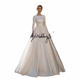 modern Muslim Wedding Dr Vestido De Noiva O Neck Lg Sleeves Sequin Applique Sweep Train Arabic Satin Bridal Gown for Bride F099#