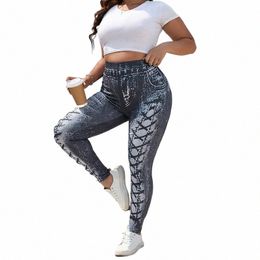plus Size Sexy Lace Up Printing Stretchy Skinny Imitati Jeans Leggings 4xl Women Street Print Slim Fit Fitn Pants Femme v3sS#