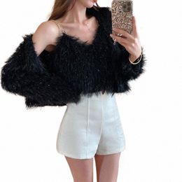 sweet Korean Sets Autumn Cardigan V Neck Lg Sleeve Pink Mohair Sweater Coat Sexy Bottom Camisole Tops 08ud#