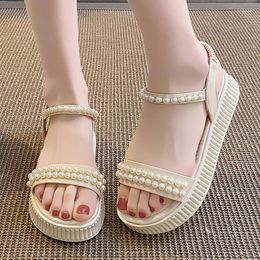 Dress Shoes Fashion Pearl Strap Thick Sole Sandals Women Summer Back Elastic Band Platform Woman Pu Leather Non Slip Clogs Sandalias