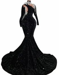 high Neck Lg Prom Dres For Black Girls 2023 Sequined Evening Dr Appliques Birthday Party Gowns With Full Sleeves c4FT#