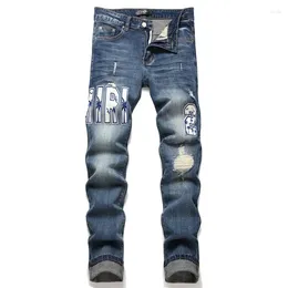 Men's Jeans Blue Perforated Patch Embroidered Badge Small Foot Elastic Mid Rise Denim Pants Male