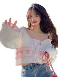 korean Fi Sweet Knitted Cardigan Women White Heart Butt Jacquard Sweater Coat Y2k Cute Knitwear Crop Tops Autumn Clothes o3eH#