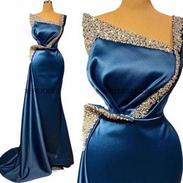 royal Blue Women's Evening Dres Elegant Sleevel Mermaid Satin Pleated Shiny Bead String Princ Prom Gowns Formal Party j4P0#