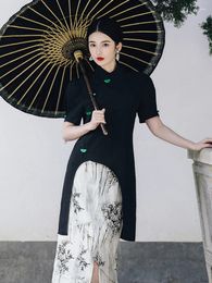 Casual Dresses Dress Suit Women's Black Colour Matching Retro Chinese Cheongsam Spring And Summer National Style Plant Flower Jacquard