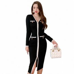 autumn Vintage Female Knitted Stretch Split Midi Party Dr Ladies Elegant Lg Sleeve Zippe Bodyc Pocket Butt Black Dr S0hM#