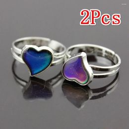 Cluster Rings 2Pcs Big Love Heart Mood Shaped Color Changing Silver Couple Adjustable Ring For Women Arts Crafts Fashion Gift