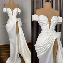 Sexy White Evening Dresses Long Off Shoulder Satin With High Slit Arabic African Women Formal Party Gowns Prom Dress BC