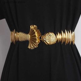 Waist Chain Belts Newly designed womens belt high-quality luxury brand womens elastic gold belt womens waist fish metal dress belt Y240329
