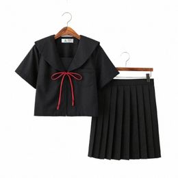 short Sleeves School Uniform Girl Sailor Dr Plaid Black Skirt Uniformes Japais Korean Costumes For Girl Anime H9pn#