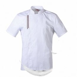 summer male chef's white shirt chef kitchen cook jacket Restaurant Uniform Barber Shop Workwear Overalls f9xQ#