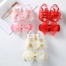 Sandals Baywell Summer Baby Girl Cute Bowknot Sandals Shoes + Hair Band Infant Toddler Non-slip Princess First Walker Baptism Shoes 240329