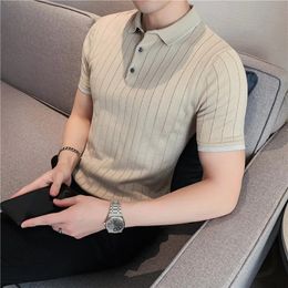 2023 Brand Clothing High Quality Short Sleeves POLO ShirtsMale Slim Fit Stripe Leisure Knitting Shirts Plus size S3XL 240320
