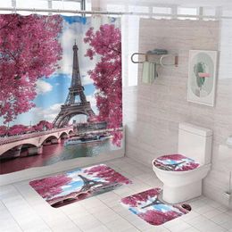 Shower Curtains Tower Bath Curtain Landscape Mat Set Polyester Toilet Rugs Anti-slip Carpet Waterproof Scenic With Hooks