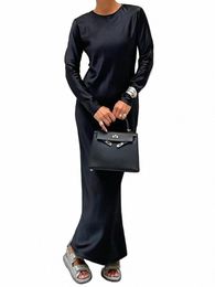 clacive Casual Black Satin Women'S Dres 2023 Elegant O-Neck Lg Sleeve Ankle-Length Dr Fi Simple Silky Female Dr w0sw#