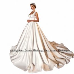 gorgeous Satin Wedding Dr Cap Sleeve Sweetheart Open Back Corset Bridal Gown Sweep Train Ball Bride Dres Robe De Mariee 054G#