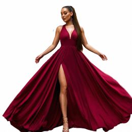 fatapaese Burdy Bridesmaid Dres Satin V Neck Slit Wedding Party Backl Women Dres Elegant Lg Prom Party Gown Summer 49XJ#