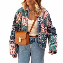 women's Floral Printed Cropped Short Cott Jacket Lightweight Lg Sleeve Open Frt Short Padded Quilted Cardigan Coats Z8sZ#