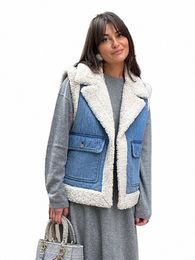 trafza Women Faux Sheepskin Fur Waistcoat Autumn Winter Chic Lady Denim Vest Woman Sleevel V Neck Jacket Waistcoats a6y0#