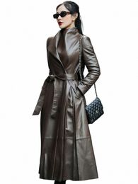 nerazzurri Autumn Lg Brown Black Soft Faux Leather Trench Coat for Women Belt Skirted Elegant Luxury Fi 5xl 6xl 7xl 2022 j4Ii#