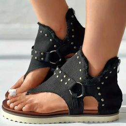 Sandals Womens casual denim sandals womens gladiator back zippered open toe anti slip T-shaped H240328UAG7