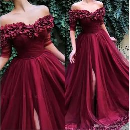 Bury Off The Shoulder Tulle A Line Long Evening Short Sleeves Ruched Split D Floral Formal Party Prom Wear Dresses BC