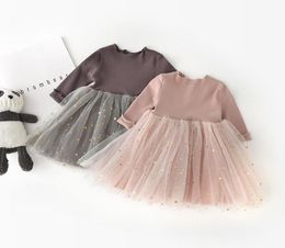 Ins Korea Lovely Girl Clothing Dresses Long Sleeve Star Mesh Patchwork Dress For Spring Fall Solid Color Princess Clothes 6M4T9476331