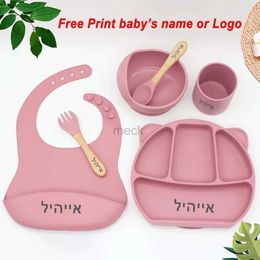 Cups Dishes Utensils 6Pcs Bear Dinner Plate Feeding Set For Kid Free Personalised Name Food Grade Silicone Suction Cup Plates Bowl Baby Tableware Set 240329