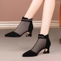Boots 2024 Autumn For Women Summer Mesh Breathable Rhinestone Low Heels Sandals Retro British Style Woman Leather Dress Shoes
