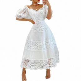 2023 Wedding Lg Dres White Floral Dr Women Summer Elegant Puff Sleeve Sl Neck Dr Lace Stitching Slim Party Prom a9pX#