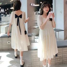 Maternity Dresses 2024 Summer Pregnant Women Princess Dress Sweet Bow Square Neckline Puff Sleeves Pregnant Women Chiffon Dress Loose Pregnant Womens DressL2403