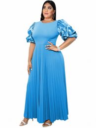 ontinva Women Plus Size Pleated Party Dr O Neck Short Puff Sleeve High Waist A Line Elegant Gowns Evening Birthday Prom Robe n6WX#