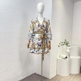 Casual Dresses Silk High Quality White Blue Gold Cascading Ruffles 3/4 Sleeve Floral Print Diamonds Women Mini Wrap Dress