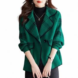 colorblock Plaid Crop Clothes Coats for Women Loose Wool & Blend Blazer Woman Check Short Tweed Outerwears Green Jacket Spring 05HQ#