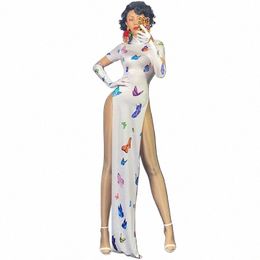 singer Dancer Vintage Chegsam Costume Butterfly Pattern Elastic Slit Lg Dr Sexy Stage Wear Birthday Party Outfit DNV13305 C6fB#