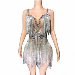 sparkly Sier Rhinestes Sequins Fringes Short Dr Women Sexy Mesh Party Birthday Dr Stage Wear Performance Dance Costume C4tw#