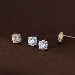 Stud Earrings S925 Sterling Silver Instagram Style Light Luxury Full Diamond Square Round Small And Elegant Women