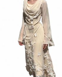 oloey Elegant Beige Chiff Arabic Women Evening Dres Lg Sleeves 3D Frs Prom Gowns Formal Party Dr 73Ic#