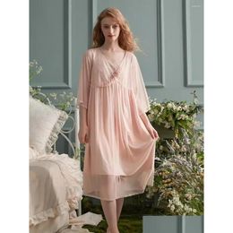 Womens Sleepwear Suumer Modal Gauze Vintage Royal Princess Nightgowns For Lady Deliacate Embroidery Solid Colour Loose Sweet Dress Drop Ot5Hp