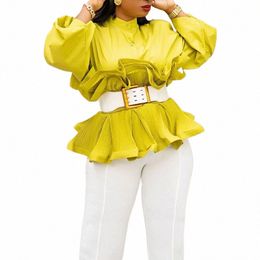 plus Size Yellow Daily Stand Collar Ruffled Lantern Sleeves No Belt Blouses t9S3#