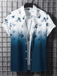 Men's Casual Shirts Fashion Shirt Gradient Flowers Pattern Top Summer Clothing Short-Sleeved Buttons Blouse Hawaiian